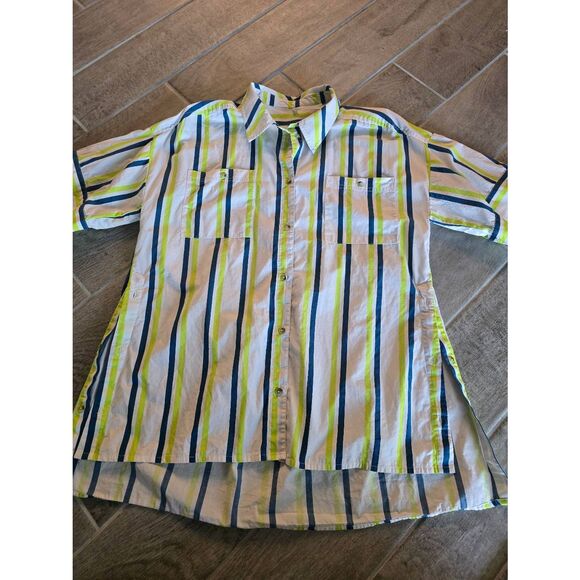 Women's Anthropologie Boxy Button Down Shirt Blue‎ Green White Size Small Medium - Picture 1 of 10